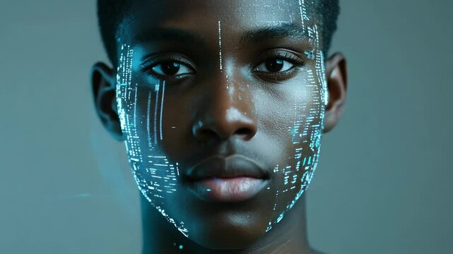 Futuristic Facial Recognition Technology on Young Man's Face Close-Up