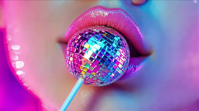 detail red womans lips with disco ball lollipop