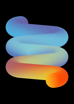 3d render. Abstract geometric flexible zigzag colored with orange blue neon gradient. Simple curvy line isolated on black background. Primitive shape with grainy film noise effect