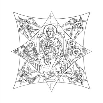 recommend clip art: Blessed Virgin Mary. Cross dome with 4 apostles, angels and seraphim. Coloring page in Byzantine style
