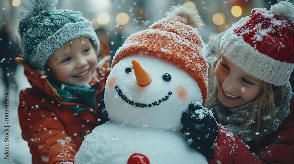 Poster happy children adding a carrot nose to a snowman while grandparents take photos with festive red and