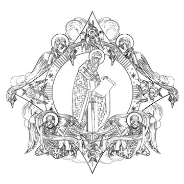 saint writing scroll surrounded by angels clip art preview