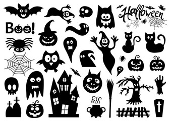 Set of silhouettes of Halloween. Haunted house, creepy tree, flying witch, pumpkins, bat, spider etc