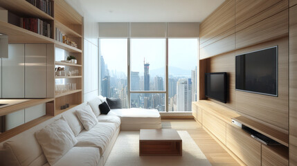 Compact innovative living space in a futuristic micro-apartment, featuring high-tech furniture and entertainment system