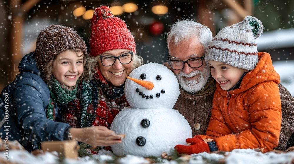 Poster Happy children adding a carrot nose to a snowman while grandparents take photos with festive red and green decorations in the background Large space for text in center Stock Photo with copy space