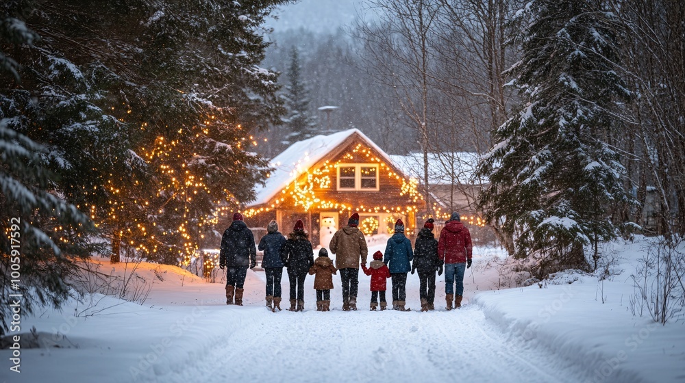 Poster Family gathered around a snowman at twilight with Christmas lights glowing in the trees and snow gently falling creating a magical scene Large space for text in center Stock Photo with copy space