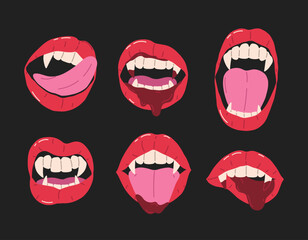 Halloween set vampire open mouth with fangs and tongue. Female red and black lips with long pointed canine teeth and blood. Vector flat Illustration. Spooky design collection.