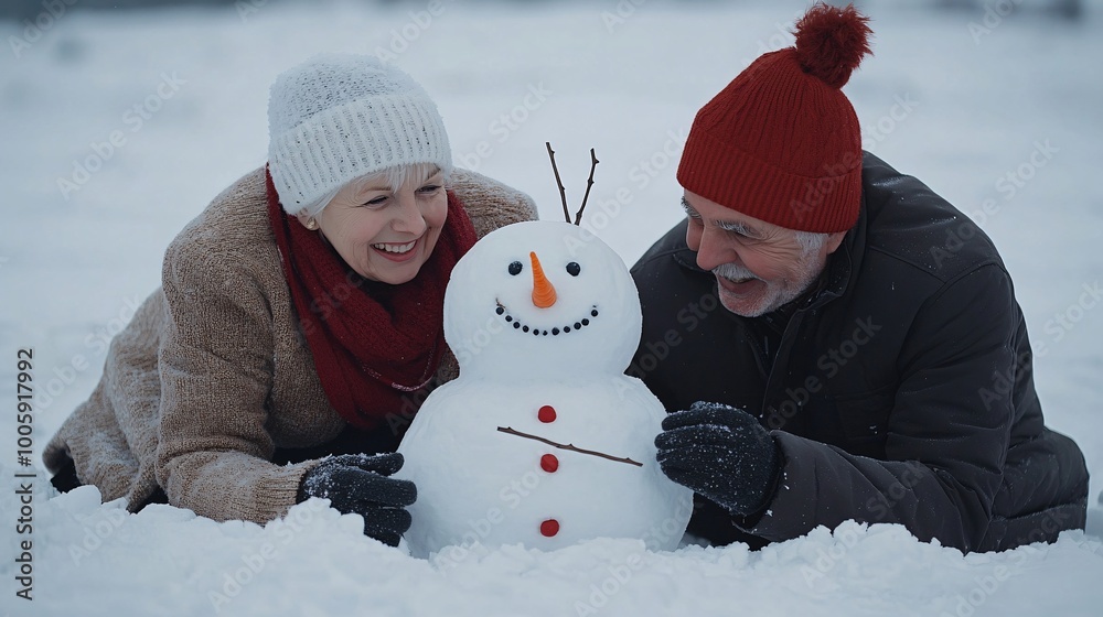 Poster grandparents helping their grandkids build a snowman with a carrot nose and stick arms in a snow-cov