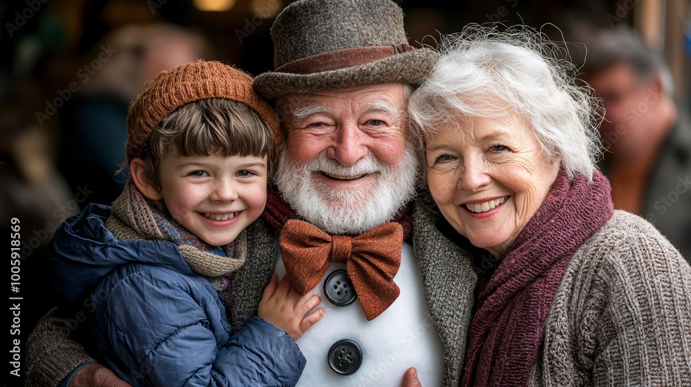 Poster Children hugging a snowman decorated with a Christmas bow and buttons while their grandparents stand nearby with smiles Large space for text in center Stock Photo with copy space