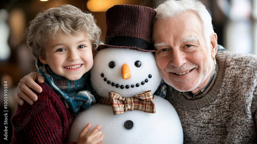 Poster children hugging a snowman decorated with a christmas bow and buttons while their grandparents stand