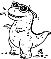 A cute T-Rex dinosaur wearing sunglasses in this hand-drawn vector illustration. Doodle line art style, isolated and easy to use for creative projects and designs.