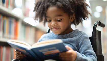 Young student in wheelchair reading a book at the library