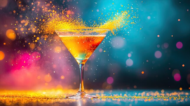 Colorful cocktail with vibrant splashes and bokeh background, perfect for party themes or bar promotions.