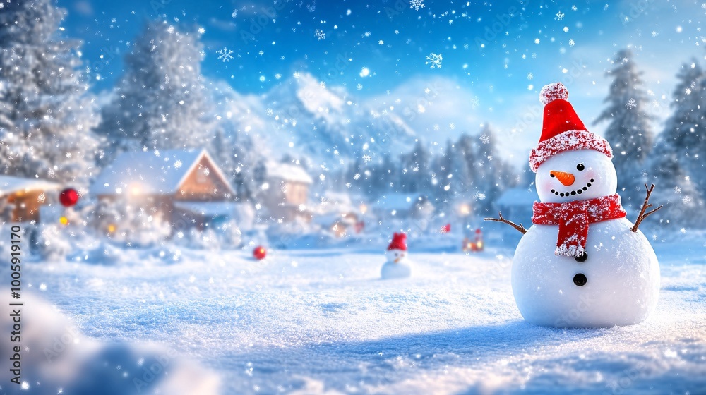 Poster Snow-covered yard with a snowman decorated in a red scarf children and grandparents standing around it creating a happy festive atmosphere Large space for text in center Stock Photo with copy space