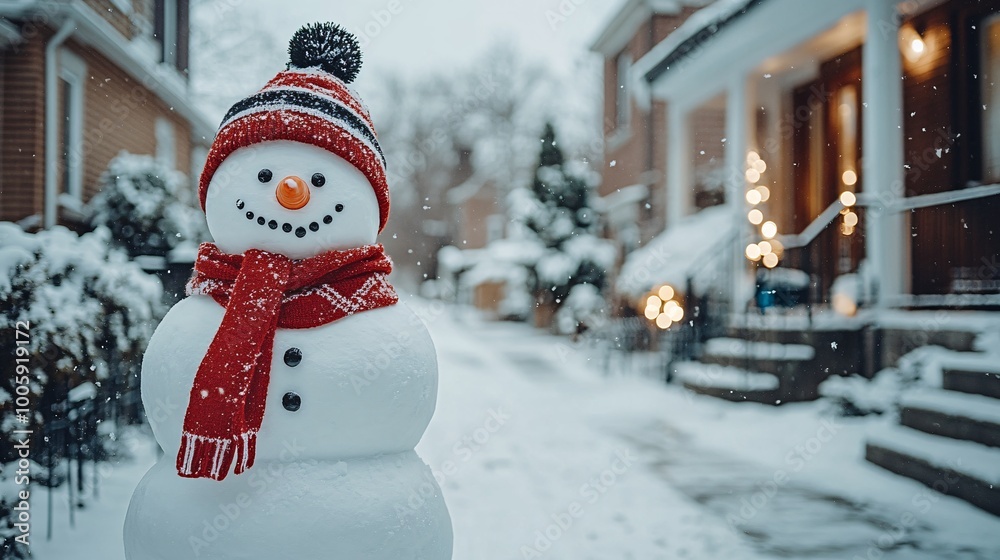 Poster Snow-covered yard with a snowman decorated in a red scarf children and grandparents standing around it creating a happy festive atmosphere Large space for text in center Stock Photo with copy space