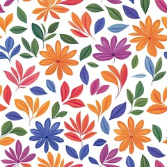 Colorful floral pattern featuring various flowers and leaves, perfect for backgrounds, textiles, and nature-inspired designs.