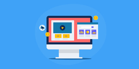 Analytics software automatically extract data from video content and display report on dashboard screen, vector illustration concept.