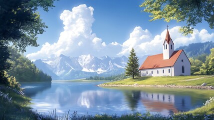 Fototapeta premium Church by the Lake with Mountain View.