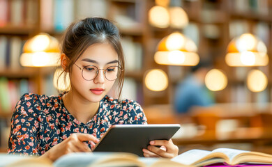 Focused Study in the Library: A young woman in glasses intently reads a book while using a tablet in a serene library setting.