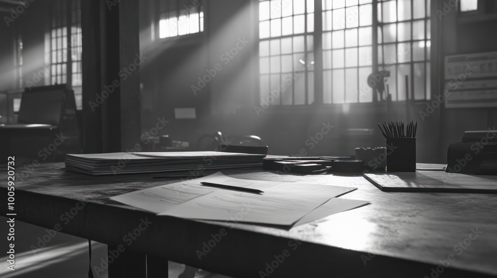 Wall mural A dimly lit office space with papers and stationery on a wooden desk.