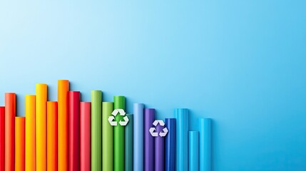 Obraz premium Colorful straws arranged in a vibrant pattern against a blue background, highlighting themes of recycling and sustainability.
