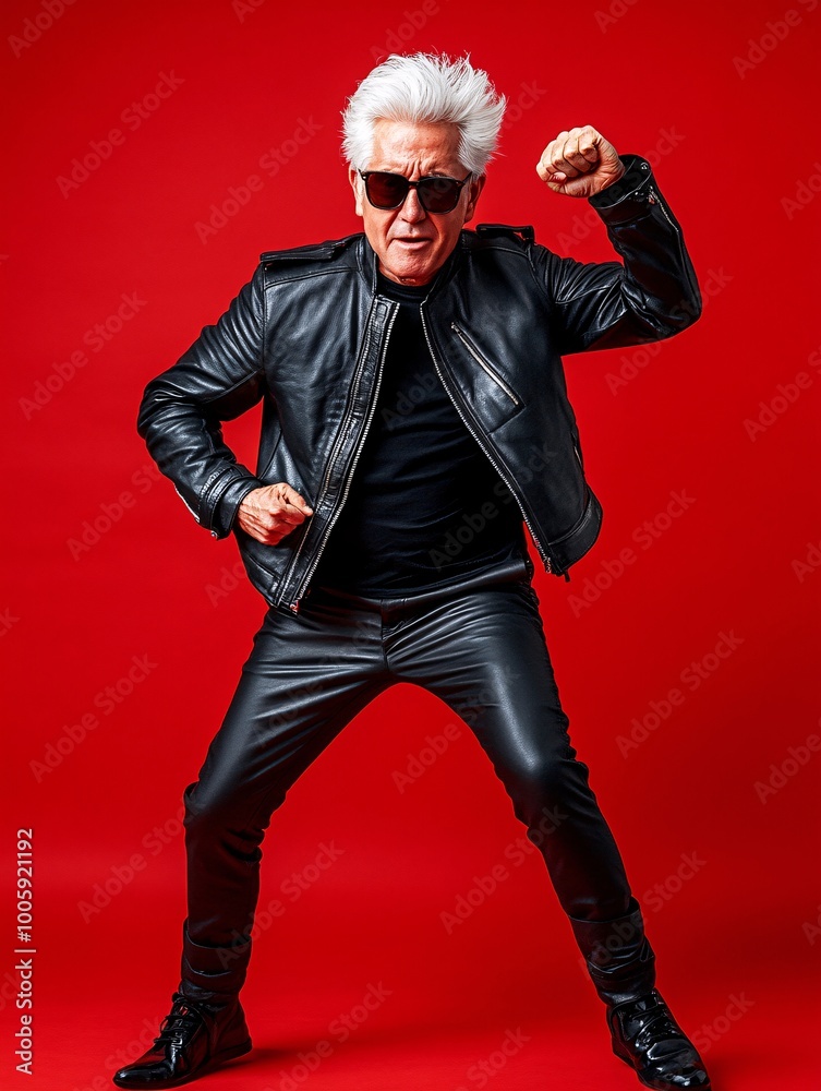 Aufkleber Senior man dressed as a dynamic performer in leather pants and jacket showing off a dramatic dance move with expressive energy Wide frame negative space around the figure subject fully visible from