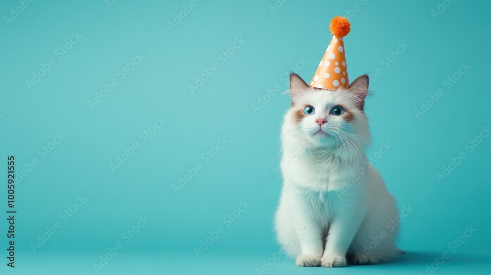 Sticker A fluffy white cat wearing a festive party hat against a bright blue background.