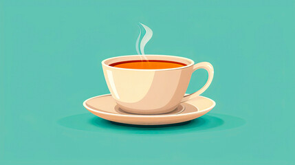 Obraz premium Warmth in a Cup: A steaming cup of tea on a saucer, illustrated in a vintage style against a teal background. Perfect for adding a touch of comfort and serenity to your designs. 