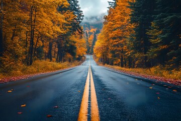 Scenic Autumn Country Road Lined with Vibrant Fall Foliage