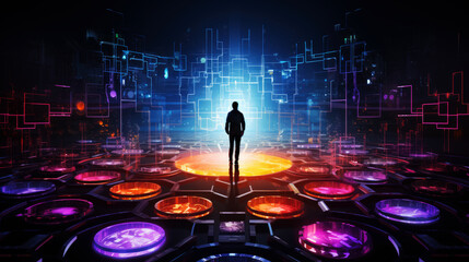 generated illustration of silhouette of a man standing in a colorful digital landscape