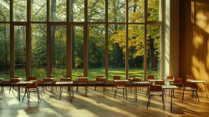 A serene classroom with wooden desks and large windows overlooking a lush outdoor landscape.