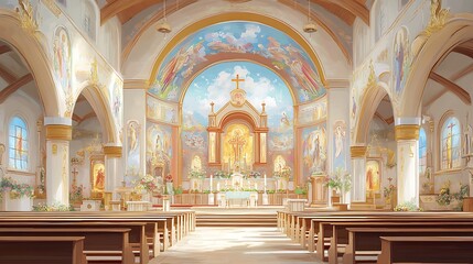 A Peaceful Church Interior with Light Streaming Through Stained Glass Windows.