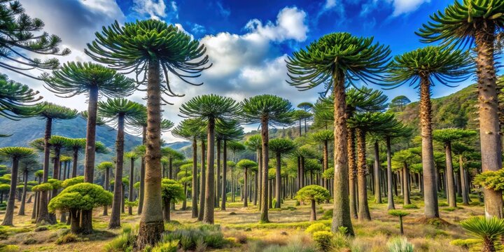 Interior of ancient araucaria forest in Conguillio National Park, Chile, Araucaria, forest, native, ancient, Conguillio, Chile