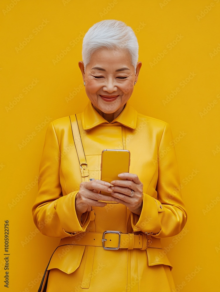 Poster grandmother with a playful smile in a bold leather outfit holding a modern smartphone and posing con