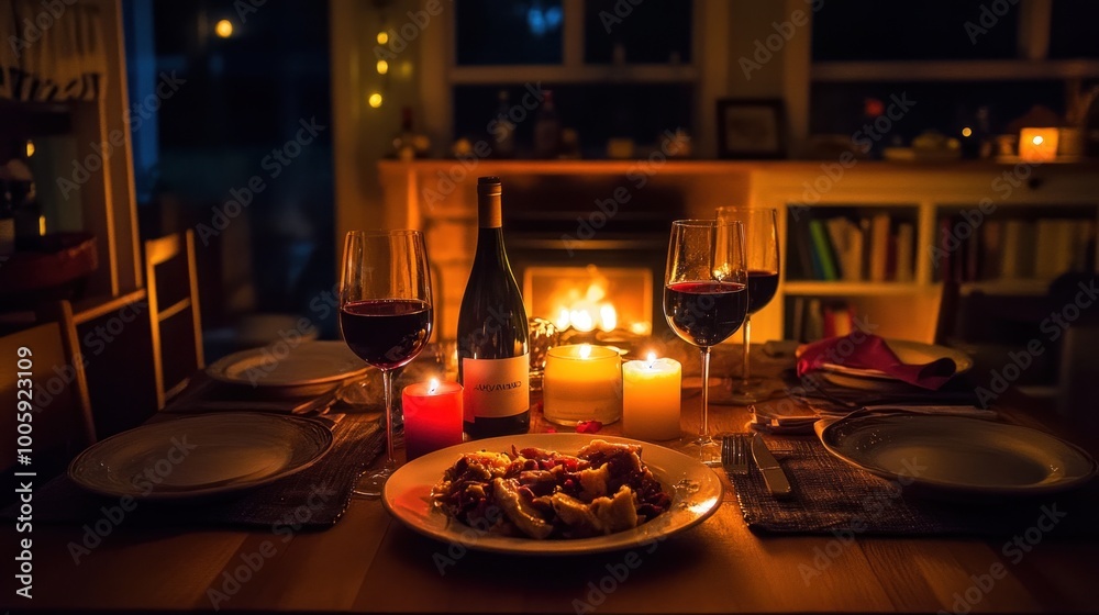 Canvas Prints A cozy dinner setting with wine, candles, and a warm fireplace creates an inviting atmosphere.