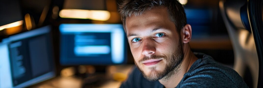 Portrait of a web developer testing website responsiveness on different devices, focused expression, high-tech office setup
