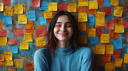 A person surrounded by positive affirmations and inspirational quotes, mental health