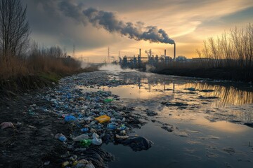 A polluted waterway choked with plastic debris flows beneath a gray sky, showcasing the industrial backdrop emitting dense smoke as dusk begins to settle in