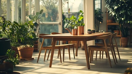 Obraz premium A wooden table and chairs in a sunlit room with potted plants, copper watering can and a bowl of succulents.