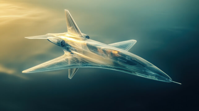 futuristic airpl, floating holographic model, showcases advanced technology and sleek design. transparent structure highlights innovation and modern engineering in aviation