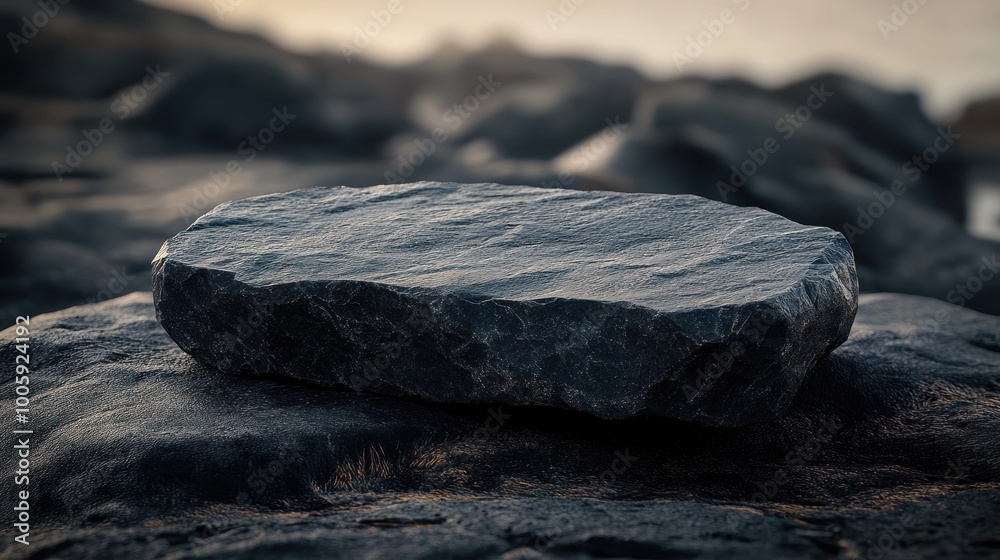 Poster A flat, smooth rock resting on a textured surface near water, showcasing natural elements.