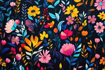 Hand-illustrated flower pattern. Lively hues, watercolor art