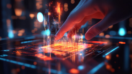 Fototapeta premium hand interacts with glowing digital interface, creating vibrant holographic data visualizations. scene conveys sense of advanced technology and innovation