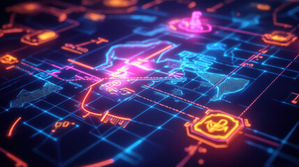 Fototapeta premium glowing holographic map displaying intricate virtual treasure locations, featuring vibrant neon colors and detailed graphics. This futuristic design evokes sense of adventure and exploration
