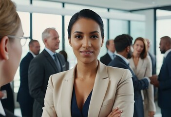 Obraz premium Confident businesswoman at an office event networking with fellow professionals