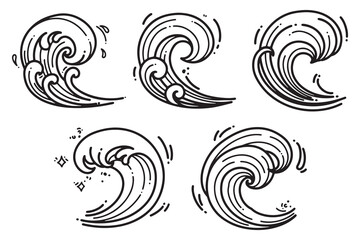 Set of ocean waves in various forms with hand-drawn vector illustrations. Doodle line art style, isolated and easy to use for creative projects and designs.