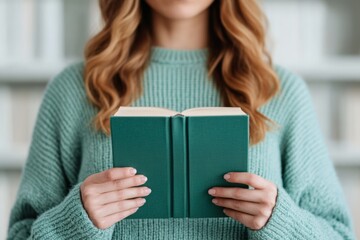Woman reading a book with a focus on her hands and the open book, with soft lighting and a blurred background.