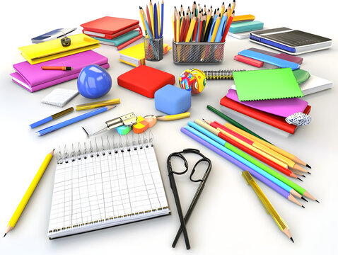 Colorful school supplies like pencils, pens, and notebooks are ready for back-to-school season
