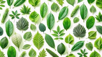 Collection of green leaves pattern isolated, leaf, palm, botanical, nature, foliage, lush, tropical, plant, greenery