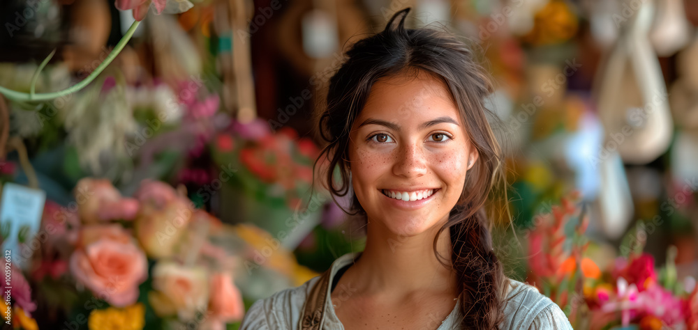 Wall mural Smiling attractive female Small business owner in her flower shop